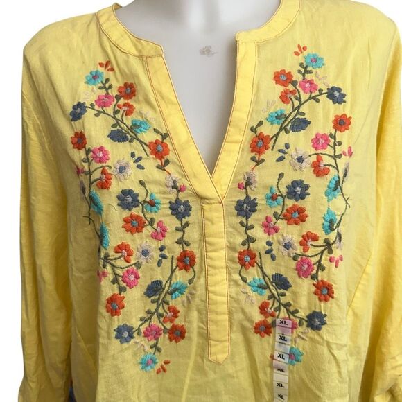 Yellow Floral Embroidered V Neck Pullover Boho Blouse by Passports XL New - Picture 3 of 9